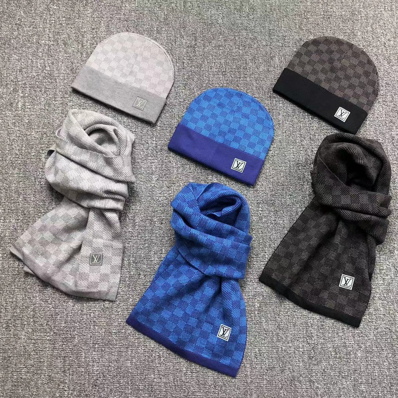 Combo Chapeau LV + Foulard - Gris, Bleu et Noir