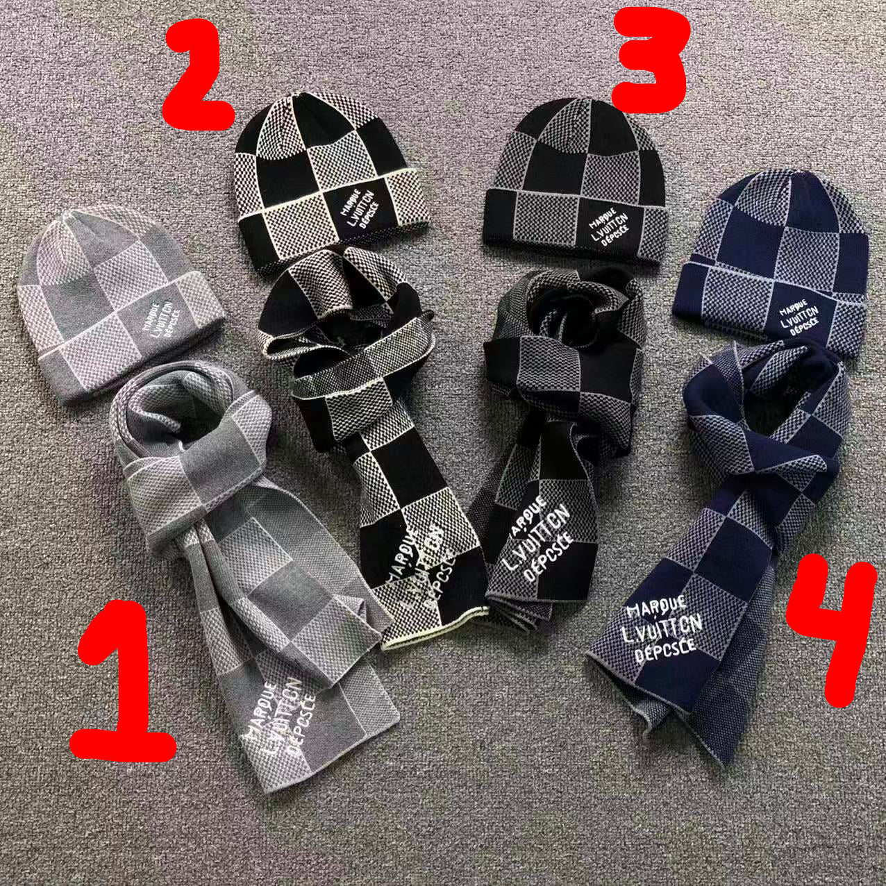Combo Chapeau LV + Foulard - Gris, Noir/Blanc, Noir et Bleu
